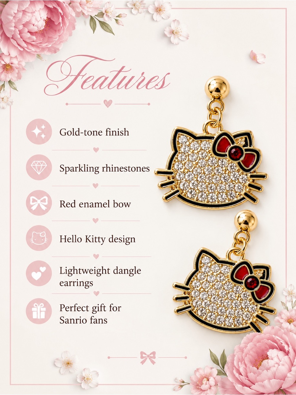 Hello Kitty Rhinestone Dangle Earrings Gold Tone Red Bow Cute Kawaii - Picture 6 of 6